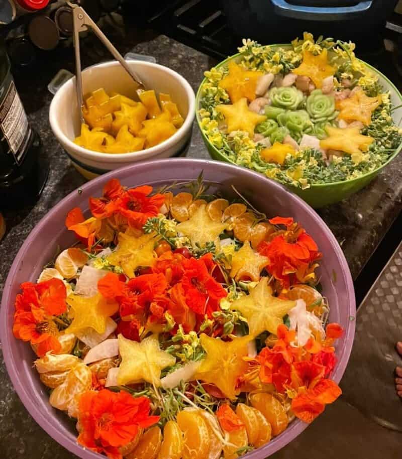 Colorful fruit and edible flower bowls prepared at Rainbow Bridge Hawaii during the Healing Dreams Retreat
